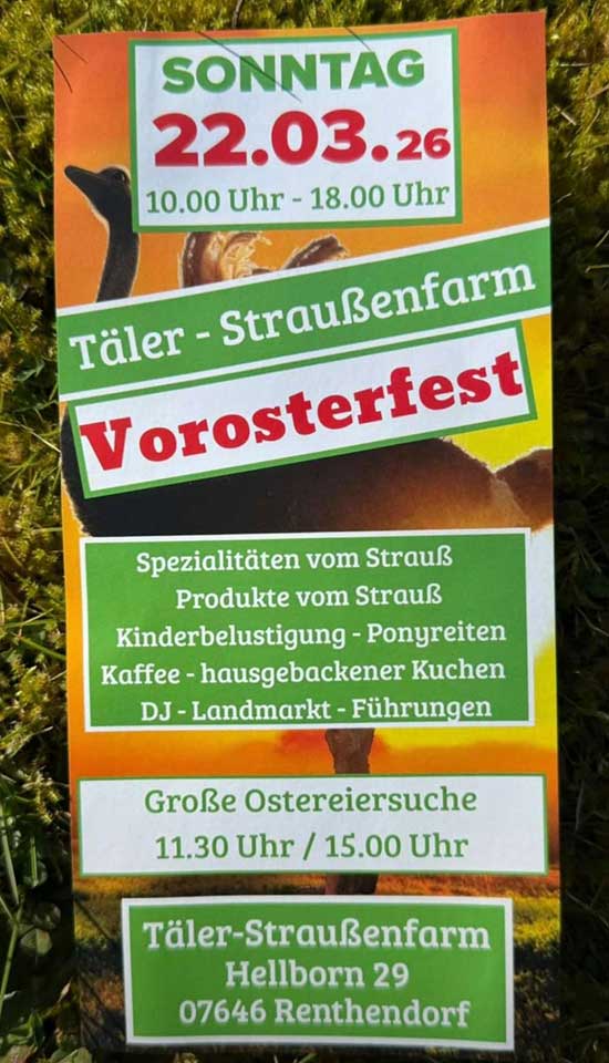 Flyer Vorosterfest Täler Straußenfarm Hellborn